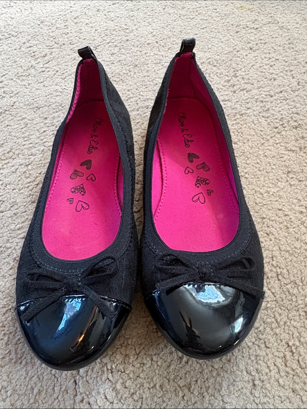 Black Kids Ballet Flats with Patent Toe and Pink Insole